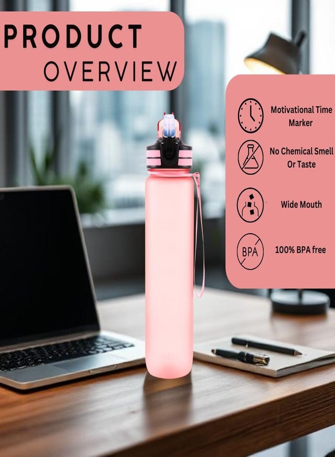 FOLELLO 1L Tritan Water Bottle with Motivational Time Marker | Leakproof Sipper Bottle for Gym, Office, and Travel | Non-Toxic, BPA-Free Water Bottles with Hydration Reminder App | Stylish Pink - Image 3